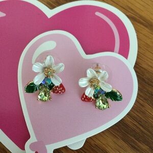 Strawberry Earrings with White Flowers and Green Crystals